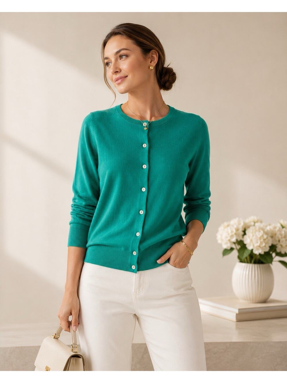 Lands' End Womens Cardigan Sweater Medium Blue Button Front Preppy Old Money
